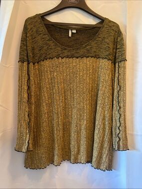 Cato Two-Tone Olive and Mustard Ribbed Scoop Neck Top